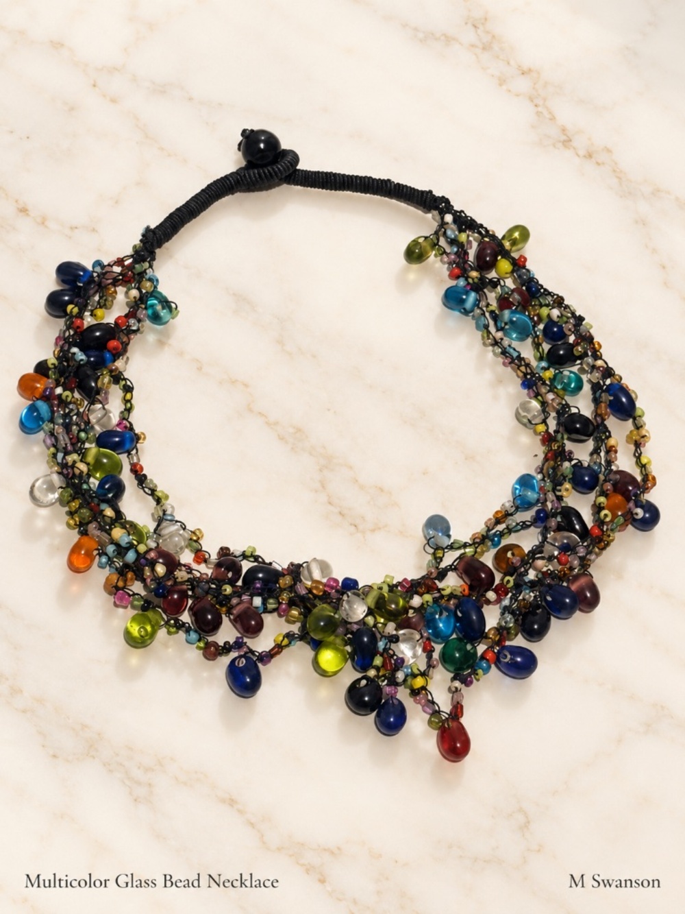 Multicolor Glass Bead Cluster Bib Necklace Black Elastic Boho 18”